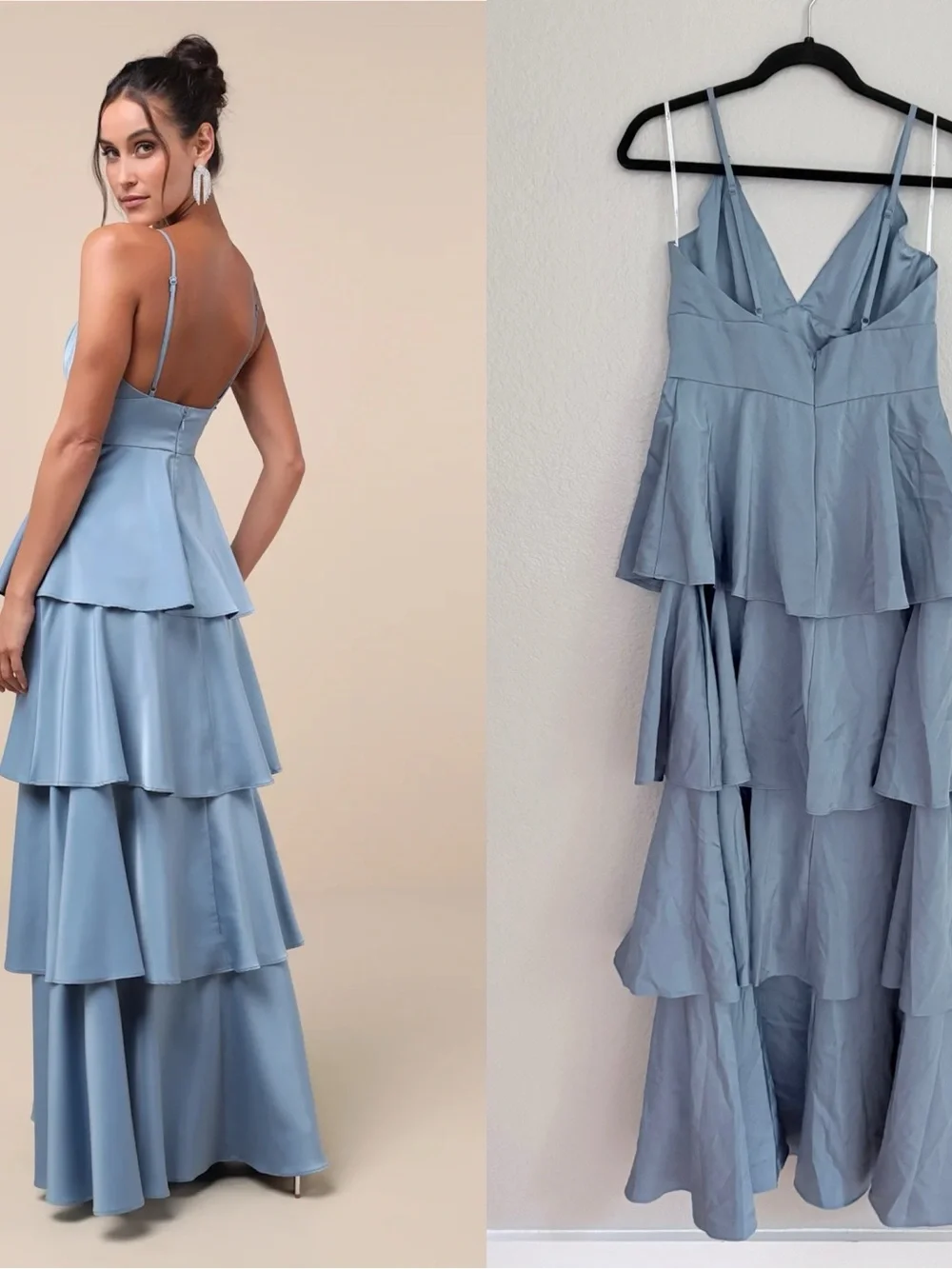 Lulus Going with Elegance Slate Blue Satin Tiered Gown